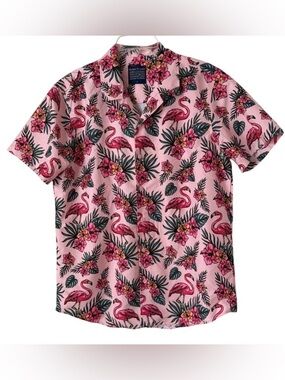 Broken Threads Mens Pink Flamingo Tropical Floral Button-Up Shirt Short Sleeves